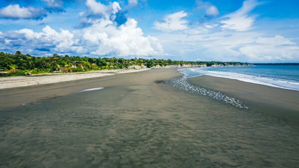 Stunning coastal view featuring sandy shores and gentle waves under a blue sky in La Barra, Valle del Cauca, Colombia.