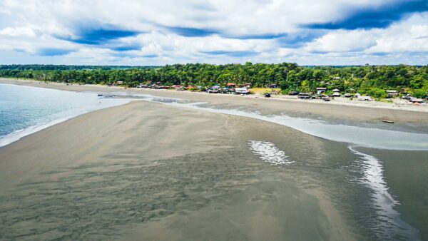 Serene coastline of La Barra, Valle del Cauca, Colombia, showcasing a sandy beach bordered by vibrant green vegetation under a cloudy sky.