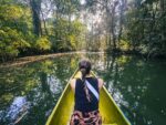 Kayaking through lush greenery at Piscina Natural Pachenda in Ladrilleros, Valle del Cauca, Colombia, reflected in calm waters.