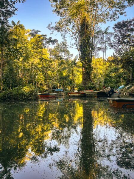 Serene natural pool with tranquil water reflecting lush greenery and boats at Ladrilleros, Valle del Cauca, Colombia.