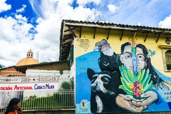Vibrant mural featuring a woman with a plant and animals against a backdrop of blue skies in Silva, Cauca, Colombia.