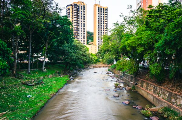 Green banks line a winding river in Cali, Valle del Cauca, with modern buildings rising in the background against a clear sky.
