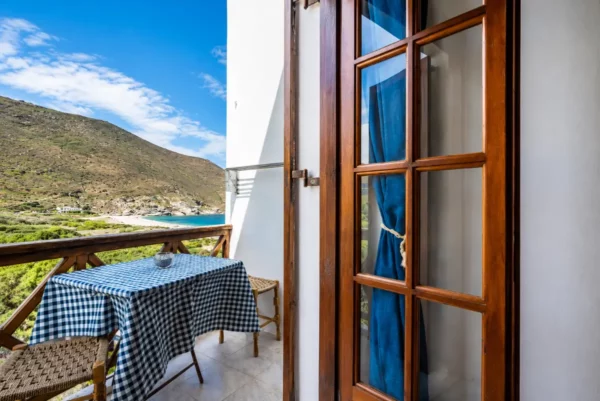 Balcony at Despoina Rooms overlooking Potami Beach in South Evia