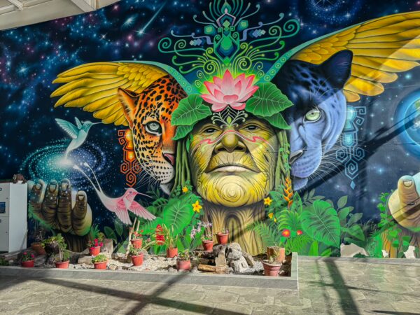 Vibrant mural featuring a wise elder surrounded by colorful jaguars and tropical plants at the lower cable car station, Pichincha Volcano.