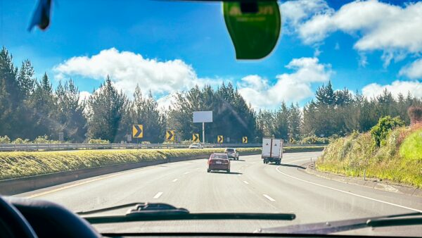 Winding highway leading to Chimborazo with cars on the road and lush green trees under a bright blue sky in Ecuador.