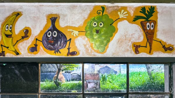 Colorful murals depicting cheerful fruit and vegetable characters brighten up the walls of Refugio Terra Esperanza in La Esperanza, Ibarra, Ecuador.
