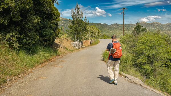 Winding road through lush greenery in Vytina, Arcadia, Greece, with a lone hiker carrying a backpack under a clear blue sky.