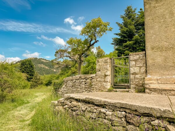 Verde landscape surrounding a stone structure in Magouliana leading to Valtesiniko, Arcadia, Greece, under a bright blue sky.