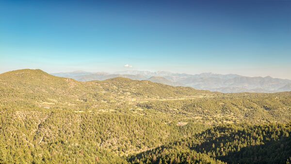 Vibrant green hills and rugged mountains stretch across the horizon in Valtesiniko, Arcadia, Greece, under a clear blue sky.