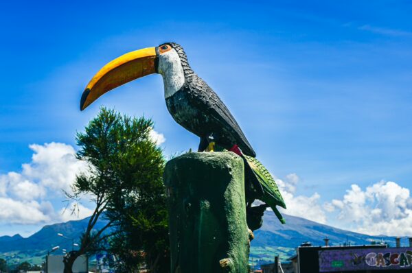 Vivid toucan sculpture perched on a post against a bright blue sky, overlooking landscapes near Machachi, Ecuador.
