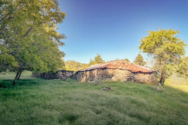 Rustic stone structure with a rusty roof nestled among green grass and trees in Valtesiniko, Lagadia, Arcadia, Greece.