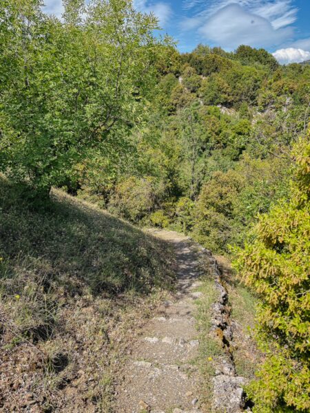 Winding stone path surrounded by lush greenery in Vytina, leading to scenic views of Nymfasia, Arcadia, Greece.