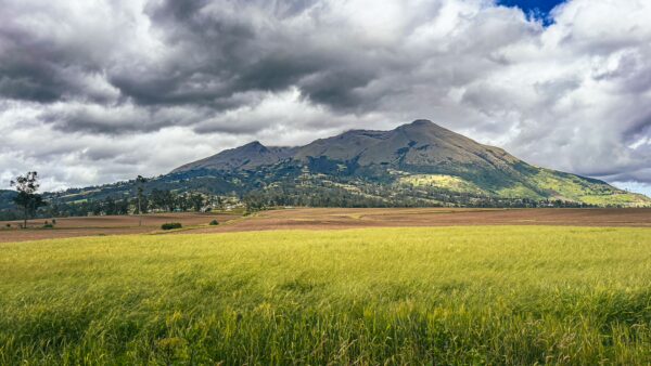 Lush green fields stretch towards the dramatic Imbabura mountain under a cloudy sky in La Esperanza, Ibarra, Ecuador.