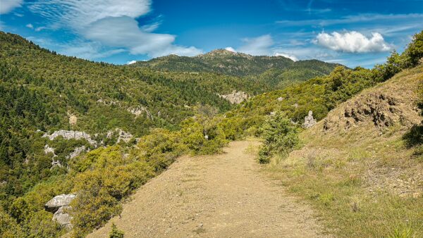 Scenic view featuring a winding dirt path and lush greenery in Vytina, leading towards the mountains of Nymfasia, Arcadia, Greece.