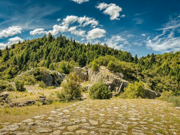 Vytina's scenic landscape features lush forests and rocky hills under a vibrant sky in Arcadia, Greece.