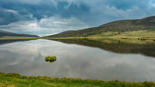 Laguna de Limpiopungo showcases calm waters reflecting dramatic clouds, surrounded by lush hills in Cotopaxi National Park, Ecuador.