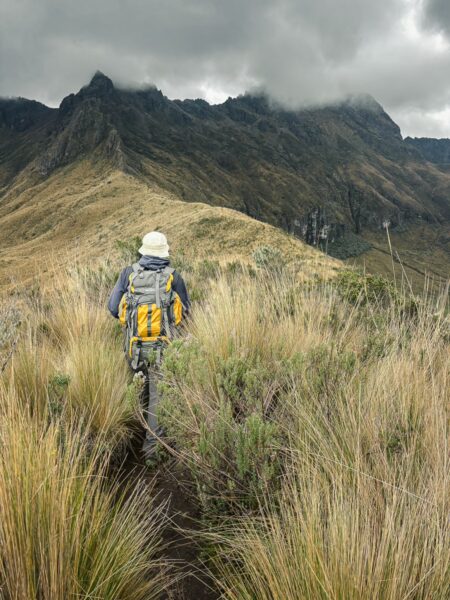 A hiker with a backpack walks through tall grass on a trail in Rumiñahui, Ecuador, surrounded by rugged mountains and cloudy skies.