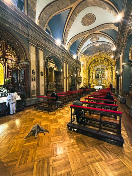 Elegant church interior in Quito, Ecuador, featuring ornate wooden carvings, red pews, and intricate frescoes on the ceiling.