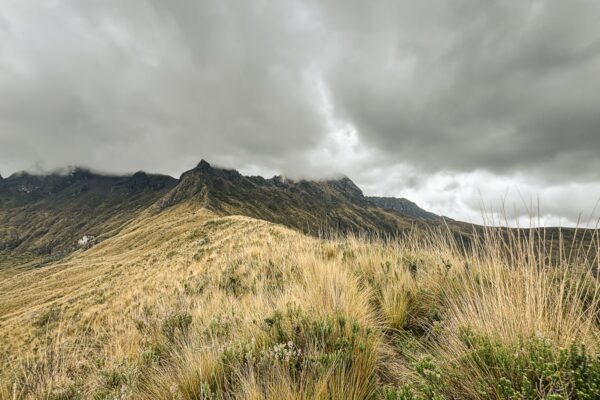 Dramatic clouds hover over the grassy slopes of Volcán Ruminahui, capturing the wilderness of Ecuador's landscape.