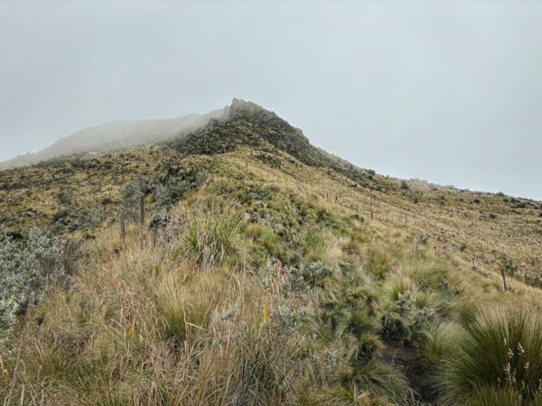 Fog envelops the slopes of Imbabura Volcano, showcasing lush green grasses and gently sloping terrain in Ecuador.