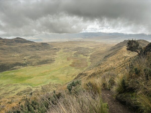 Lush green fields and rolling hills under a cloudy sky, showcasing the serene landscape of Ruminahui, Ecuador.