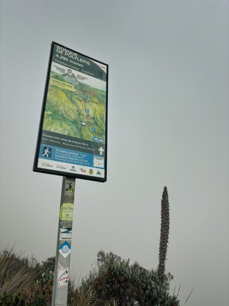 Foggy view at Imbabura Volcano, Ecuador, featuring a signpost with a map and a tall plant in the foreground.