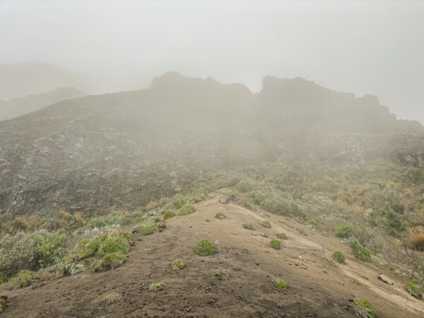 Foggy landscape of Ruminahui volcano, showcasing rocky terrain and sparse vegetation typical of Ecuador's highlands.