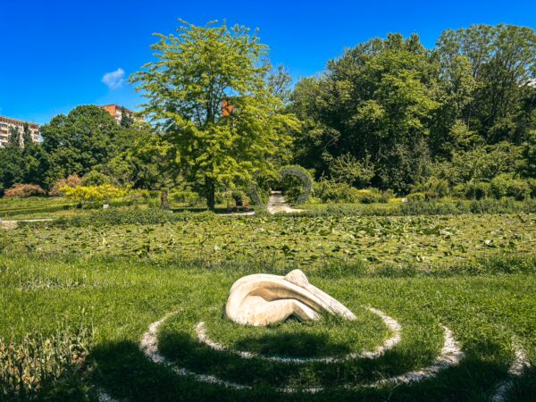 Graceful sculpture surrounded by lush greenery and vibrant plants in the tranquil Botanical Garden, Craiova, Romania.