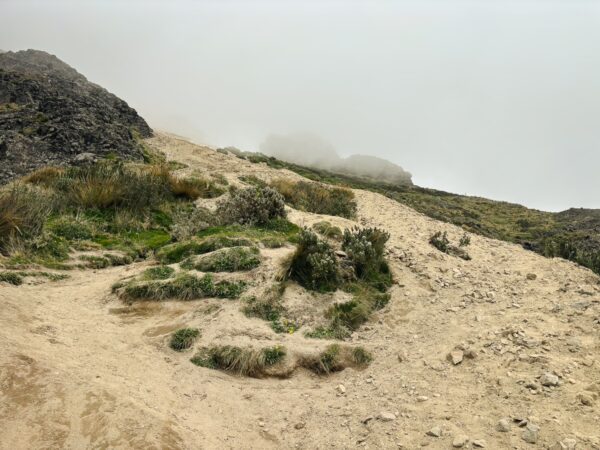 Dusty pathway winding through lush greenery and rocky terrain near Pichincha Volcano, Ecuador, under a cloudy sky.