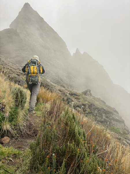 Hiker with a yellow backpack trekking through grassy terrain near volcanic peaks in Ruminahui, Ecuador, under misty skies.