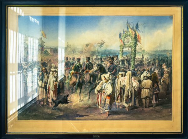 Vibrant historical scene featuring figures in traditional attire, with a parade and colorful flags at the Art Museum in Craiova, Romania.