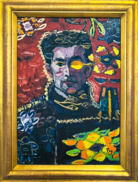 Self-portrait in vibrant colors with autumn leaves, displayed in a golden frame at Ion Tuculescu Art Museum, Craiova, Romania.