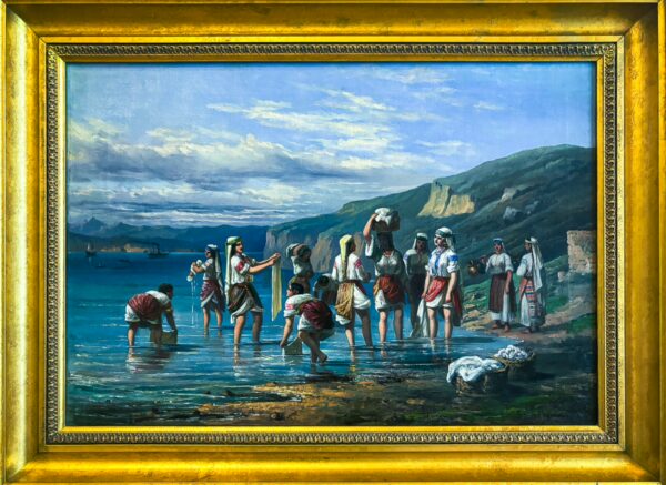 Colorful painting depicting villagers at the water's edge in traditional attire, framed elegantly at the Art Museum in Craiova, Romania.
