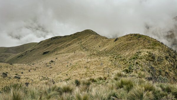 Lush, grassy slopes of Imbabura Volcano under a cloudy sky in Ecuador showcase the region's natural beauty and rugged terrain.