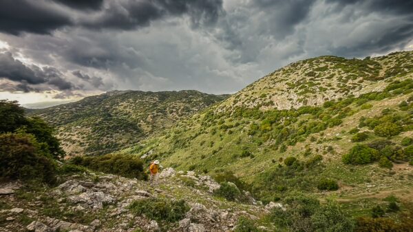 Lush green hills and rocky terrain under a dramatic sky near Valtesiniko, Lagadia, Arcadia, Greece.