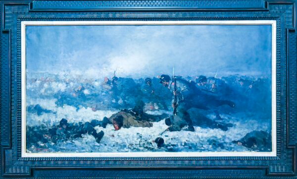 The Attack of Smardan, featuring soldiers amidst a dramatic blue landscape, displayed in Nicolae Grigorescu Art Museum, Craiova.
