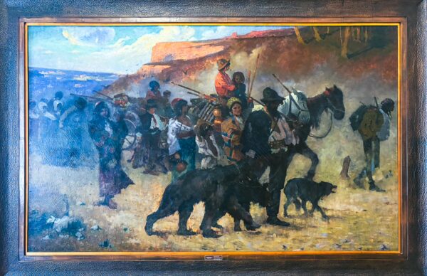 Colorful painting depicting a lively scene with people, horses, and animals, on display at the art museum in Craiova, Romania.