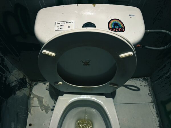 Toilet with a colorful sticker in a restroom, surrounded by graffiti in a lively Madrid, Spain setting.