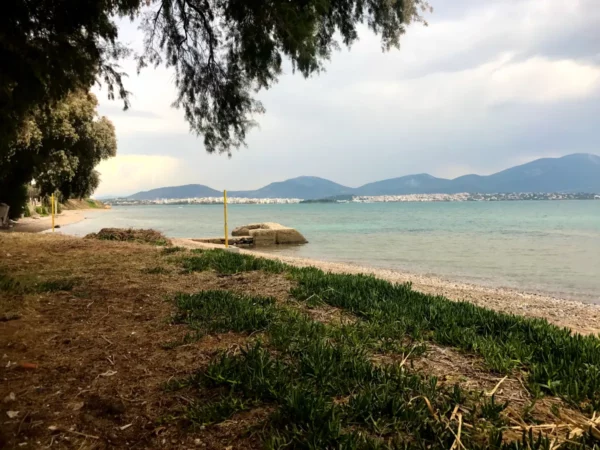 Serene shoreline with greenery and gentle waves in Chalkis, framed by distant mountains and cloudy skies.