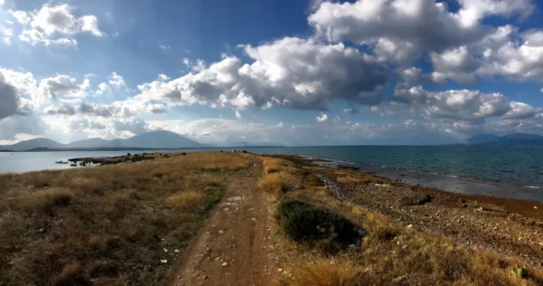Coastal path lined with dry grass leads to the shimmering sea under a blue sky with fluffy clouds in Chalkis.