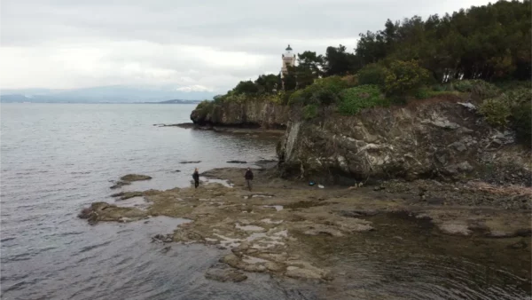 Chalkis features a rocky shoreline with two figures exploring the tide pools, framed by lush greenery and a distant lighthouse.