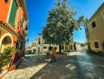 Sunny street in Corfu, Greece with stone pavement, colorful buildings, and a tall tree casting shadows.